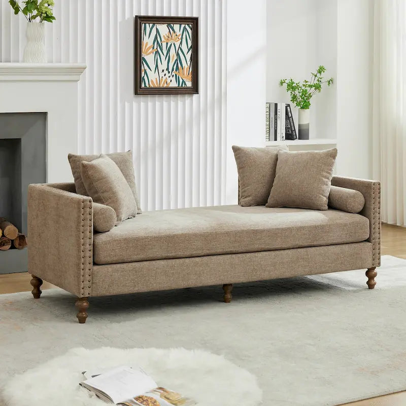 Upholstered Chaise Lounge with Chenille Fabric & Nailhead Trim