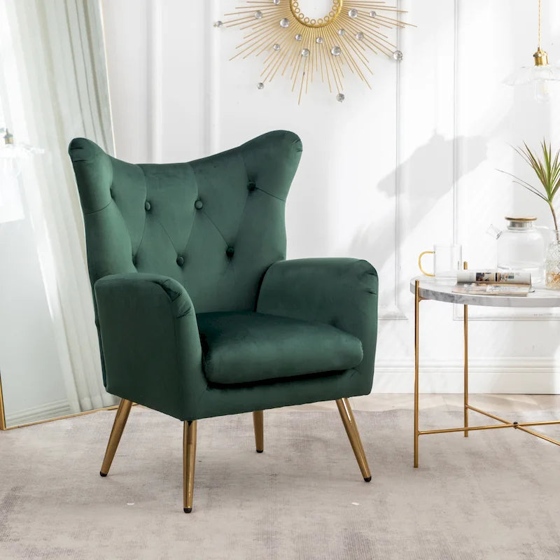Fauteuil d’appoint à dossier haut et ailes, capitonné avec boutons, en velours