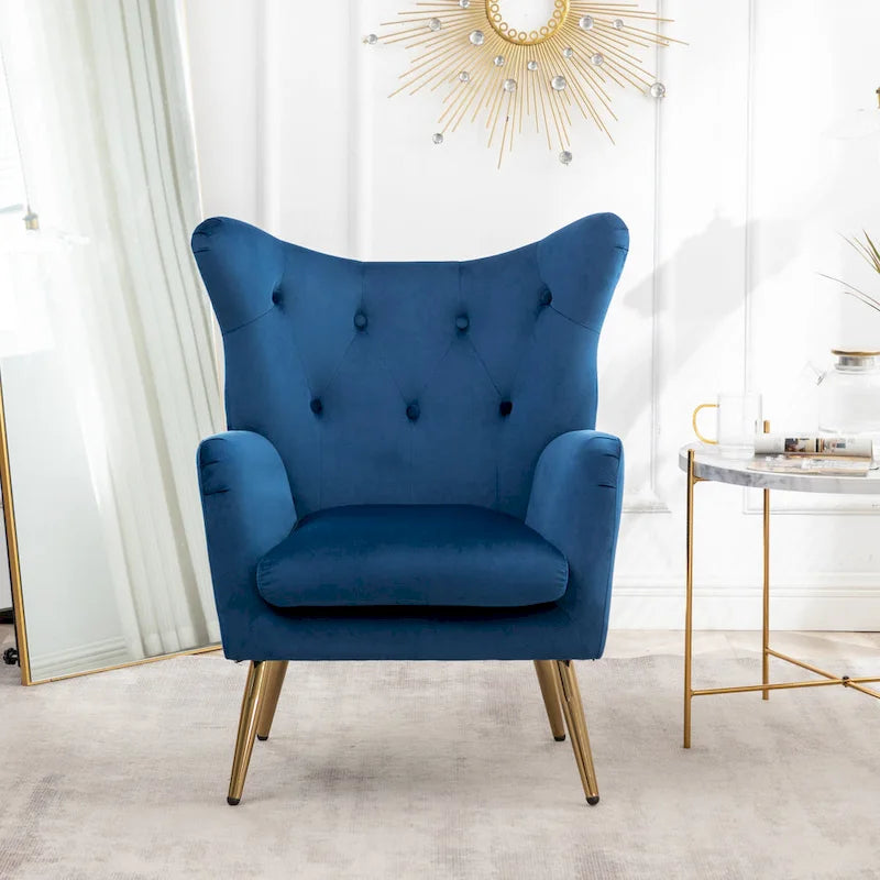 Fauteuil d’appoint à dossier haut et ailes, capitonné avec boutons, en velours