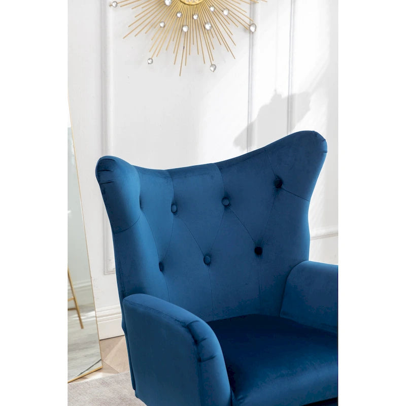 Fauteuil d’appoint à dossier haut et ailes, capitonné avec boutons, en velours