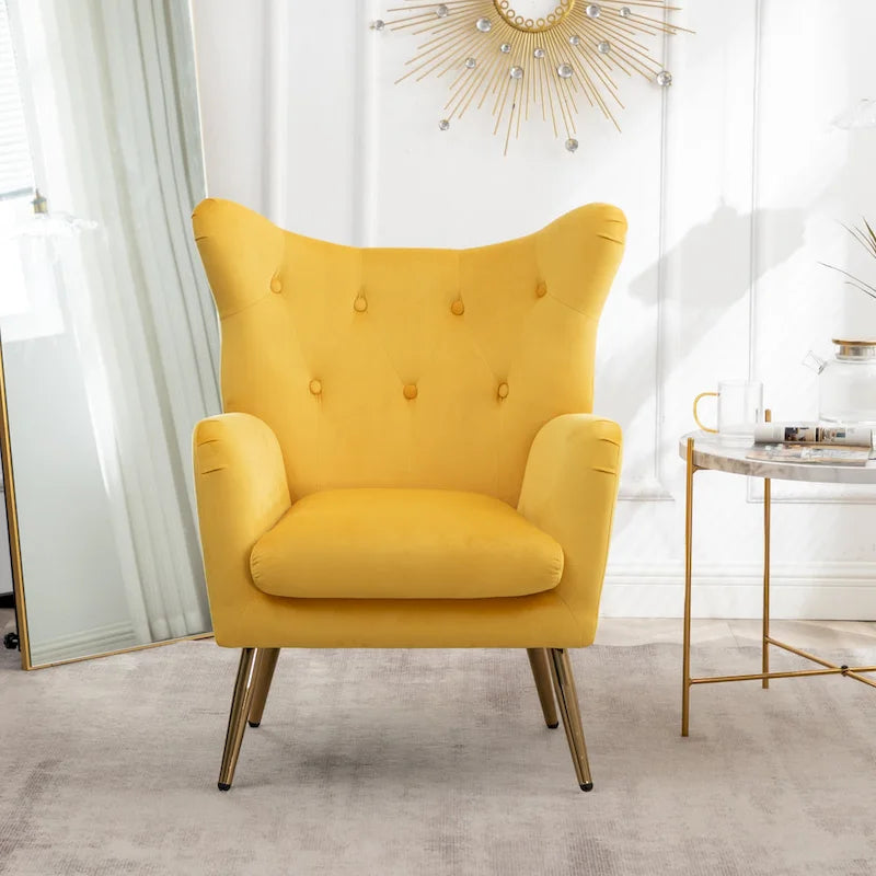 Fauteuil d’appoint à dossier haut et ailes, capitonné avec boutons, en velours
