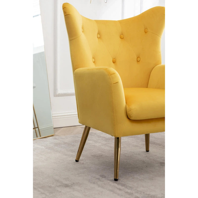 Fauteuil d’appoint à dossier haut et ailes, capitonné avec boutons, en velours