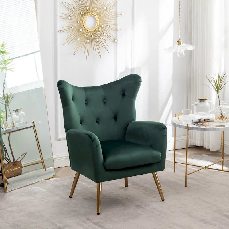 Fauteuil d’appoint à dossier haut et ailes, capitonné avec boutons, en velours