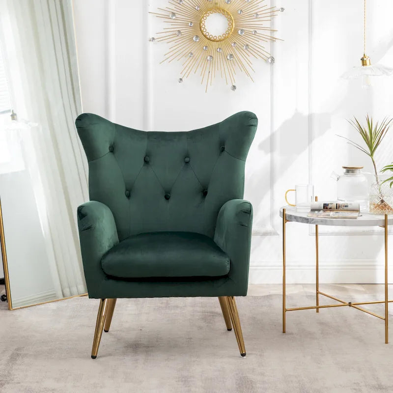 Fauteuil d’appoint à dossier haut et ailes, capitonné avec boutons, en velours