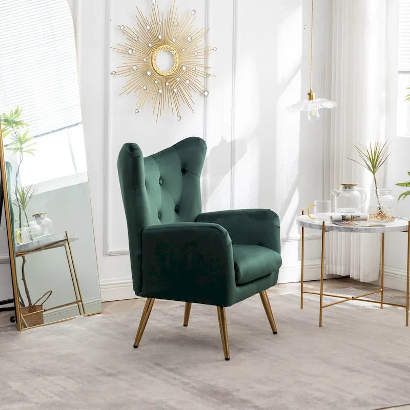 Fauteuil d’appoint à dossier haut et ailes, capitonné avec boutons, en velours