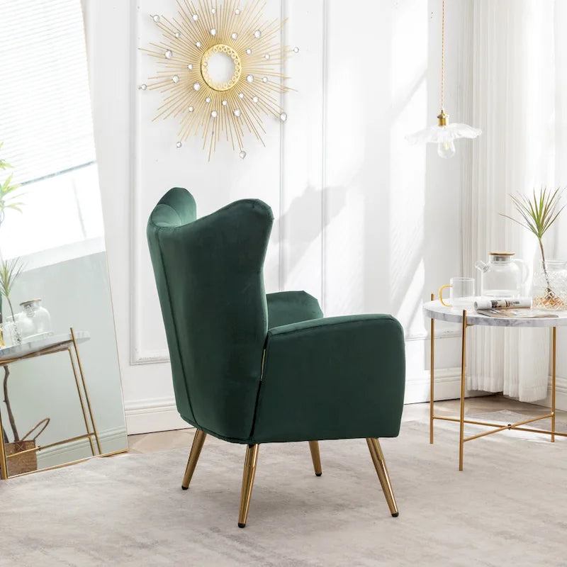 Fauteuil d’appoint à dossier haut et ailes, capitonné avec boutons, en velours