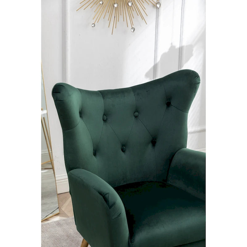 Fauteuil d’appoint à dossier haut et ailes, capitonné avec boutons, en velours