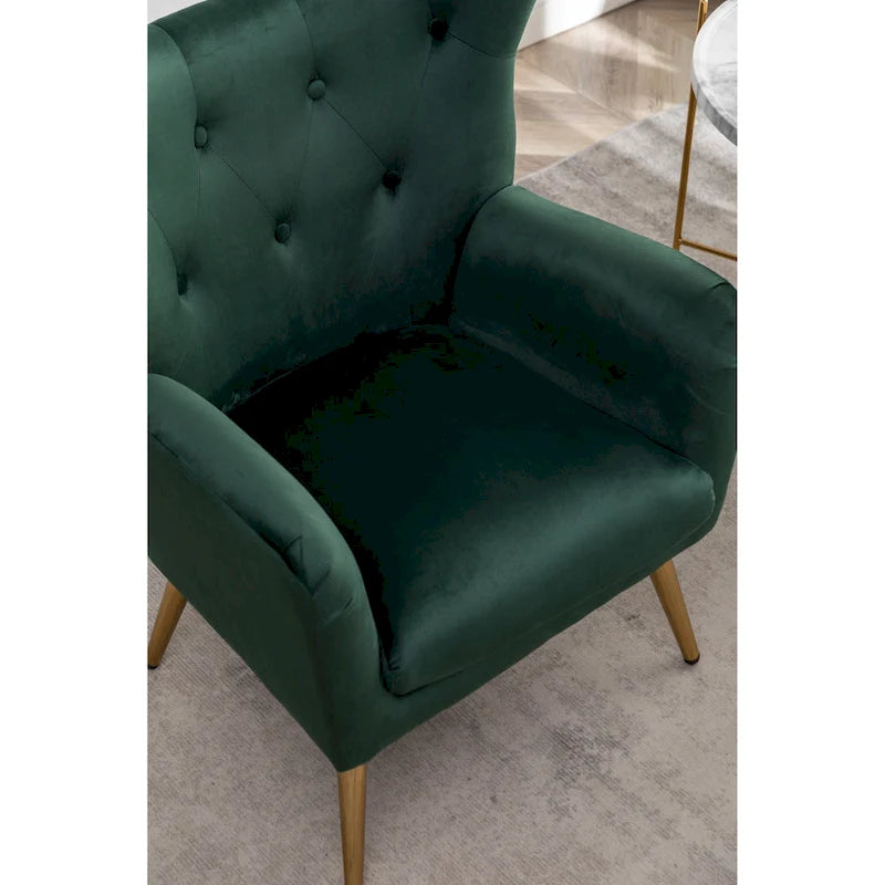Fauteuil d’appoint à dossier haut et ailes, capitonné avec boutons, en velours