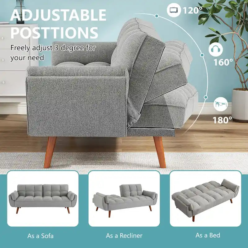 Futon Sofa Bed, Convertible Upholstered Couch Sleeper with Reclining Split Tufted Back