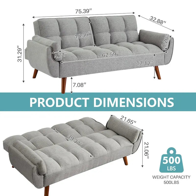 Futon Sofa Bed, Convertible Upholstered Couch Sleeper with Reclining Split Tufted Back