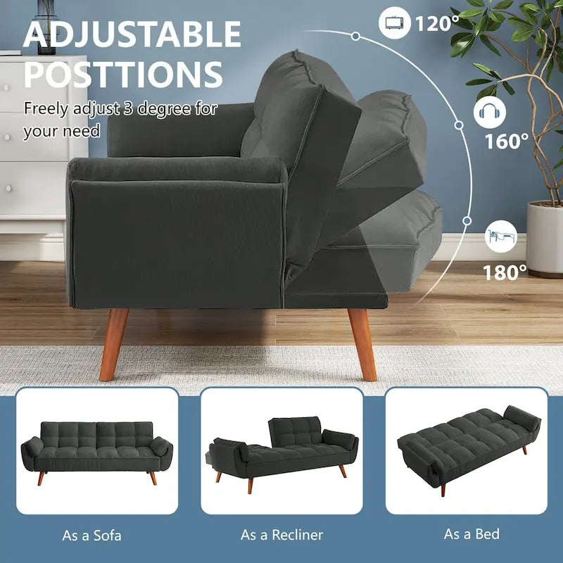 Futon Sofa Bed, Convertible Upholstered Couch Sleeper with Reclining Split Tufted Back