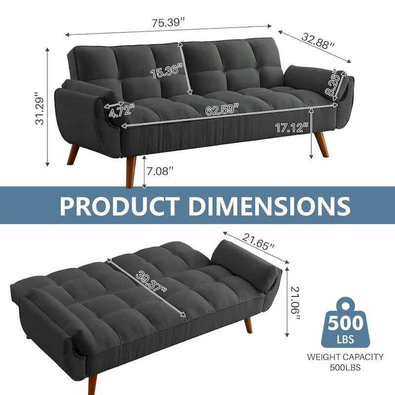 Futon Sofa Bed, Convertible Upholstered Couch Sleeper with Reclining Split Tufted Back