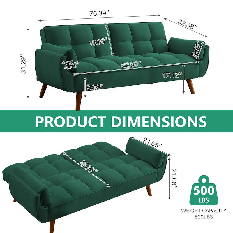 Futon Sofa Bed, Convertible Upholstered Couch Sleeper with Reclining Split Tufted Back