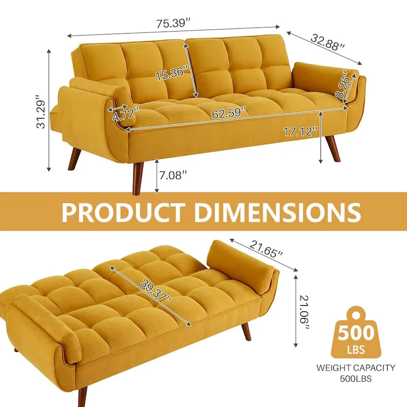 Futon Sofa Bed, Convertible Upholstered Couch Sleeper with Reclining Split Tufted Back