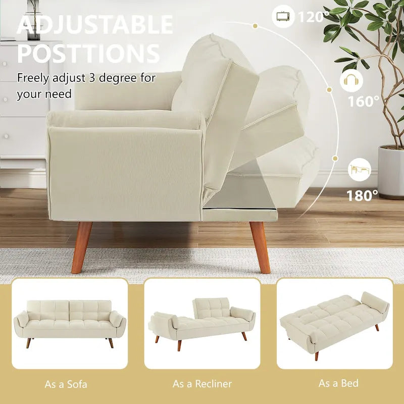 Futon Sofa Bed, Convertible Upholstered Couch Sleeper with Reclining Split Tufted Back