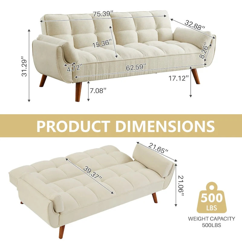 Futon Sofa Bed, Convertible Upholstered Couch Sleeper with Reclining Split Tufted Back