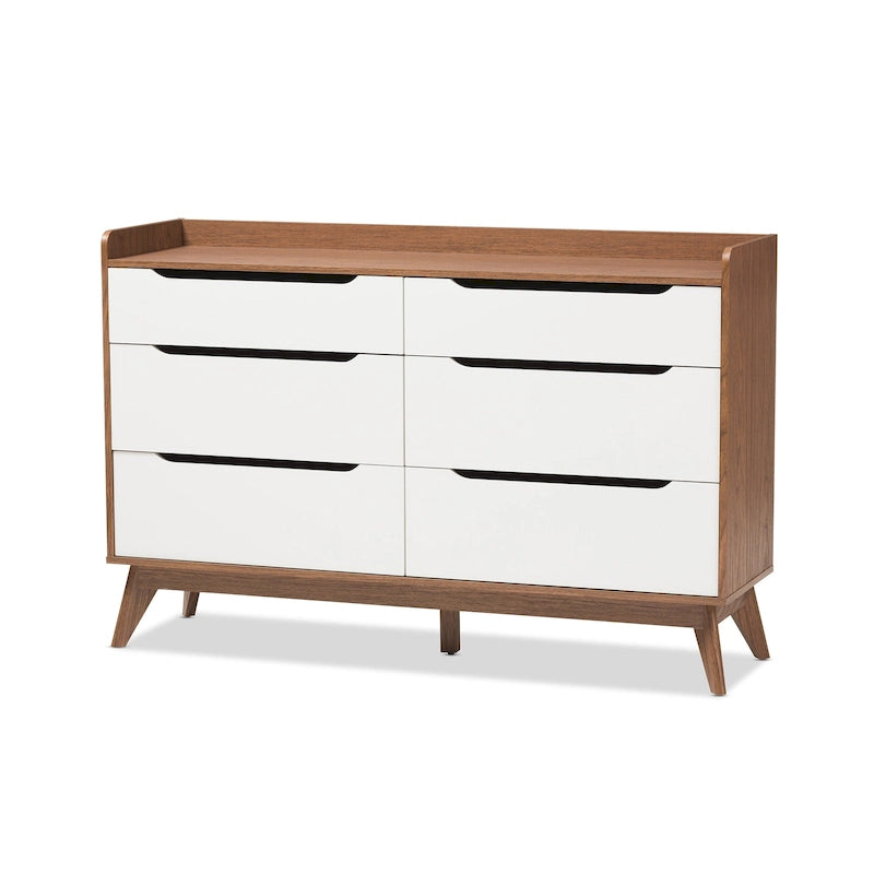 6-Drawer Mid-Century White/Walnut Chest
