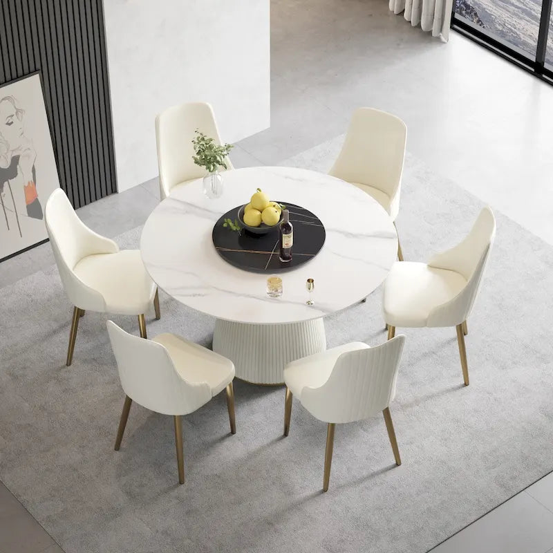 53" Round Dining Table for 6, Modern White Sintered Stone Tabletop with Lazy Susan