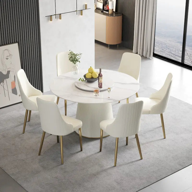 53" Round Dining Table for 6, Modern White Sintered Stone Tabletop with Lazy Susan