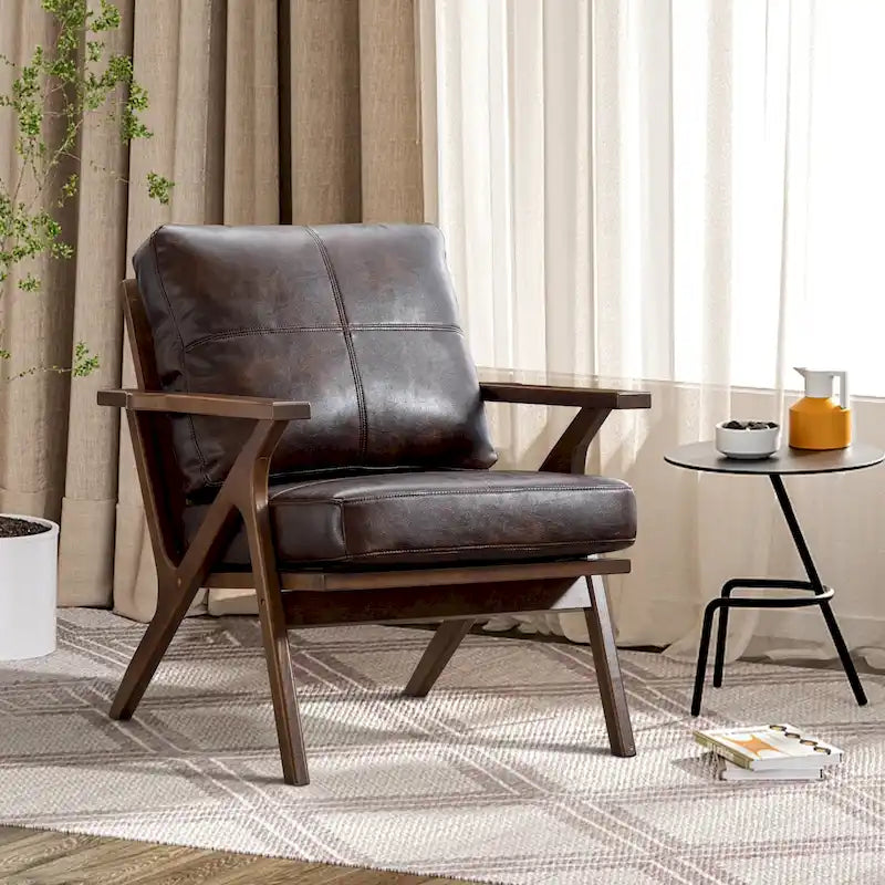 Upholstered Leather Accent Armchair with Solid Wood Frame and Removable Cushions