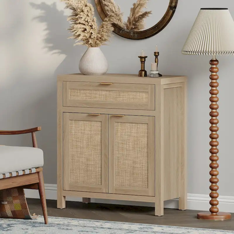 Farmhouse Rattan Sideboard Storage Cabinet with Drawer