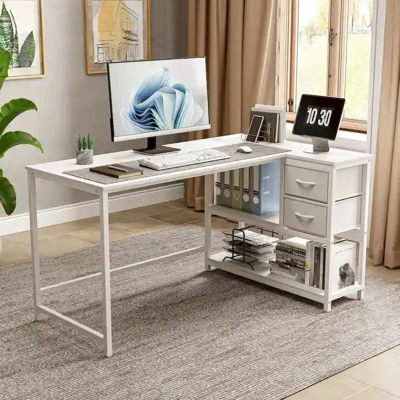 L Shaped Corner Desk with Shelves, Drawer & Charging Station