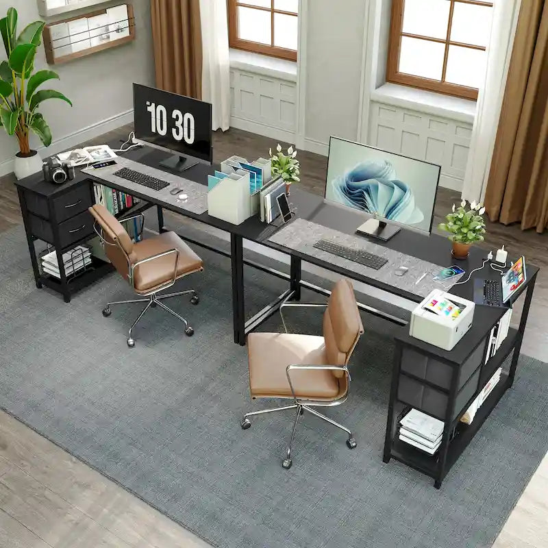 L Shaped Corner Desk with Shelves, Drawer & Charging Station