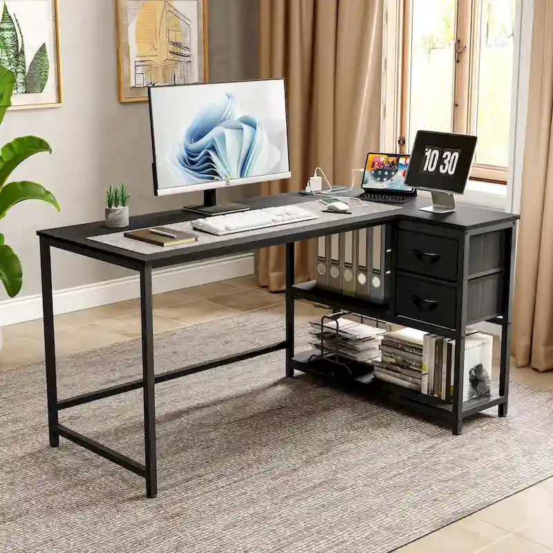 L Shaped Corner Desk with Shelves, Drawer & Charging Station