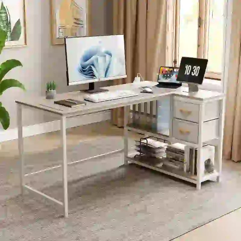 L Shaped Corner Desk with Shelves, Drawer & Charging Station