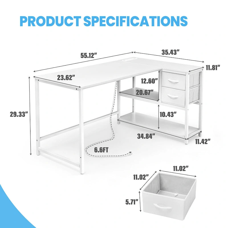 L Shaped Corner Desk with Shelves, Drawer & Charging Station