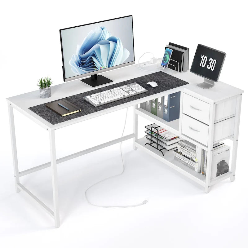 L Shaped Corner Desk with Shelves, Drawer & Charging Station