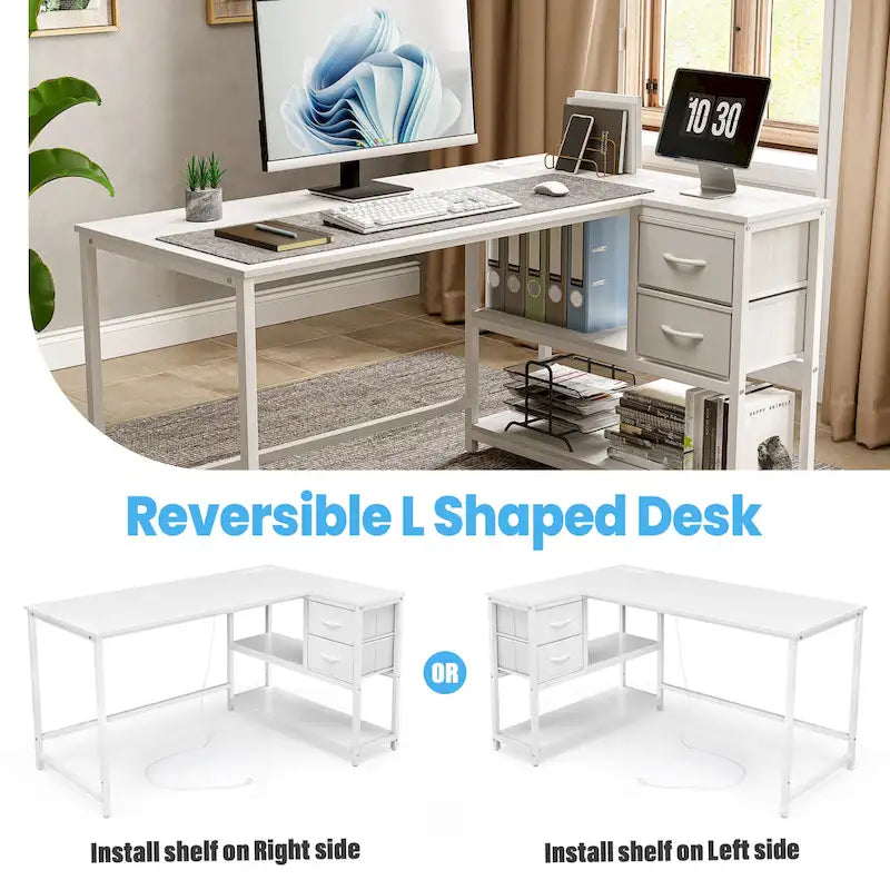 L Shaped Corner Desk with Shelves, Drawer & Charging Station