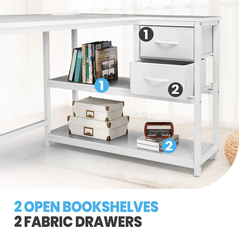 L Shaped Corner Desk with Shelves, Drawer & Charging Station