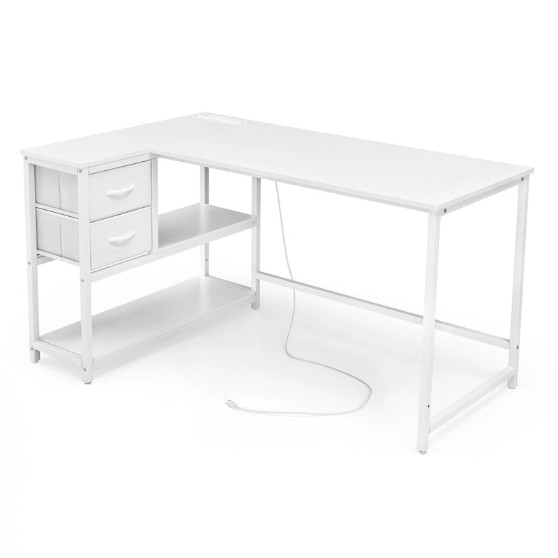 L Shaped Corner Desk with Shelves, Drawer & Charging Station