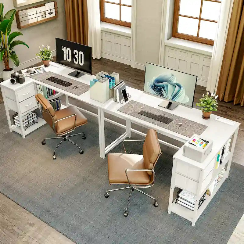 L Shaped Corner Desk with Shelves, Drawer & Charging Station