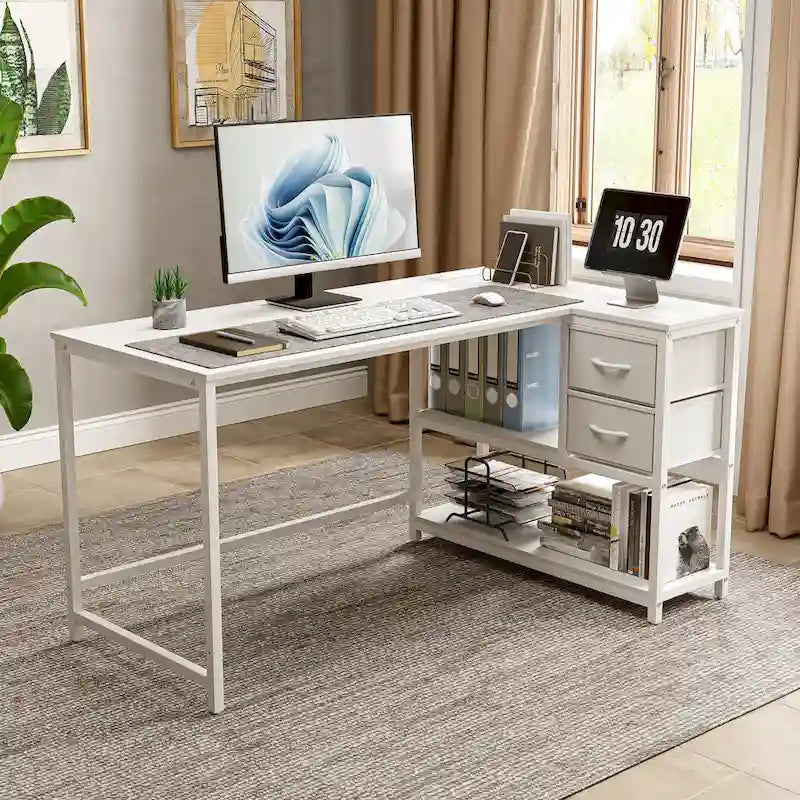 L Shaped Corner Desk with Shelves, Drawer & Charging Station