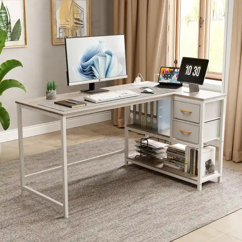 L Shaped Corner Desk with Shelves, Drawer & Charging Station