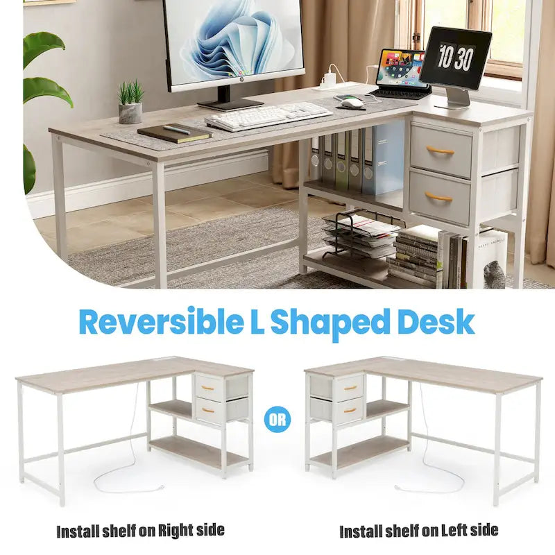 L Shaped Corner Desk with Shelves, Drawer & Charging Station