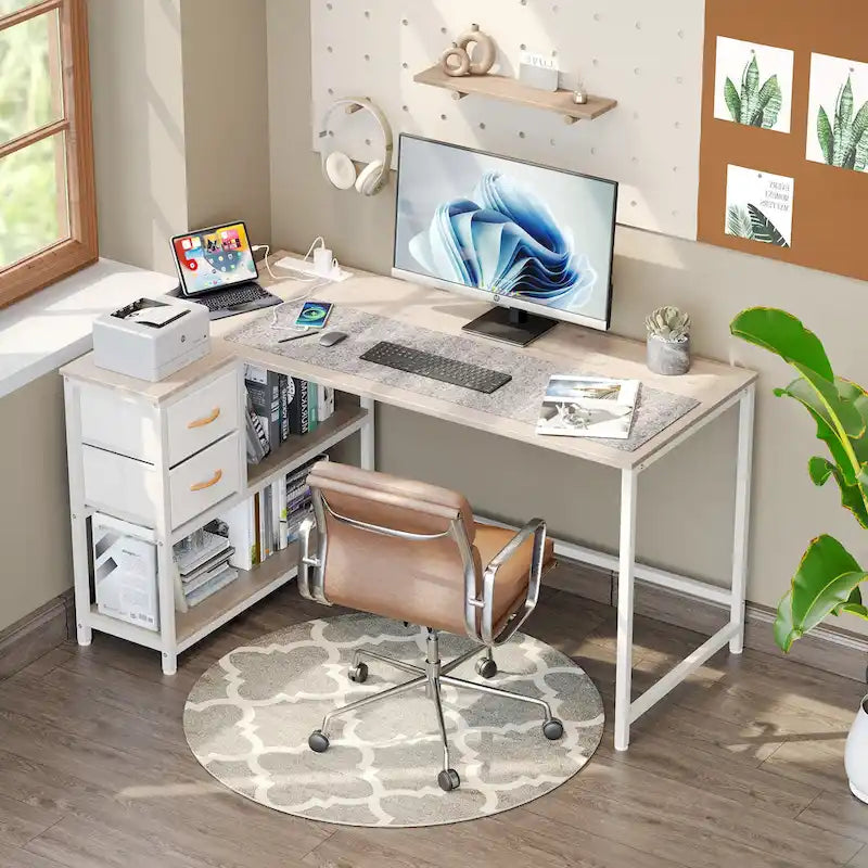 L Shaped Corner Desk with Shelves, Drawer & Charging Station