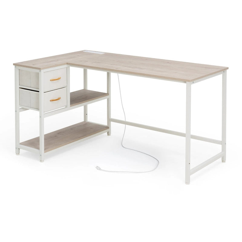 L Shaped Corner Desk with Shelves, Drawer & Charging Station
