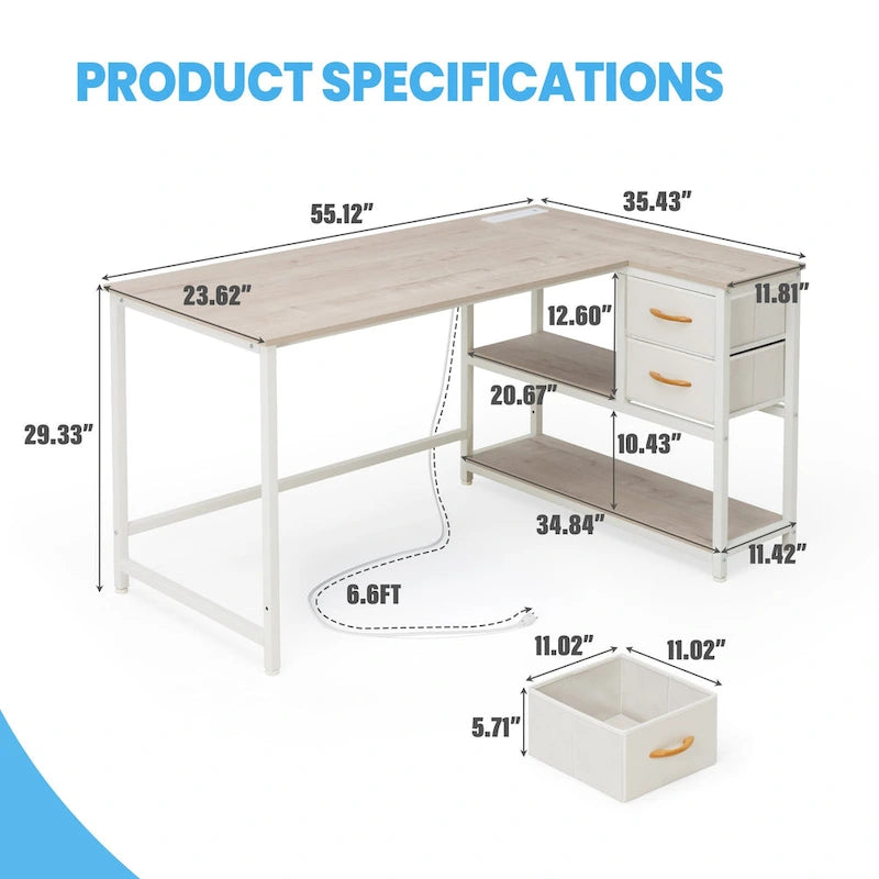 L Shaped Corner Desk with Shelves, Drawer & Charging Station
