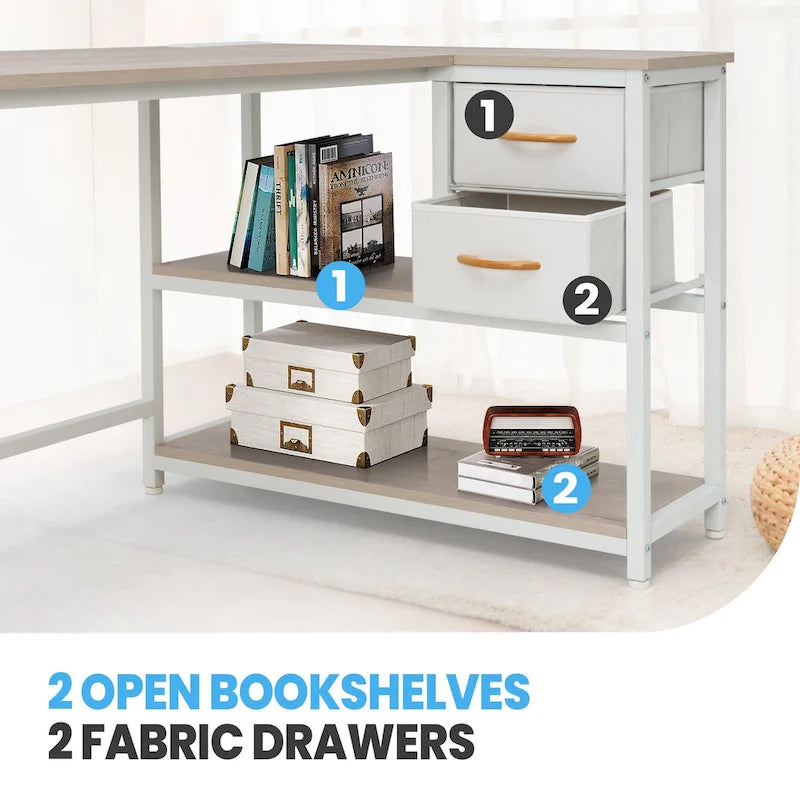 L Shaped Corner Desk with Shelves, Drawer & Charging Station