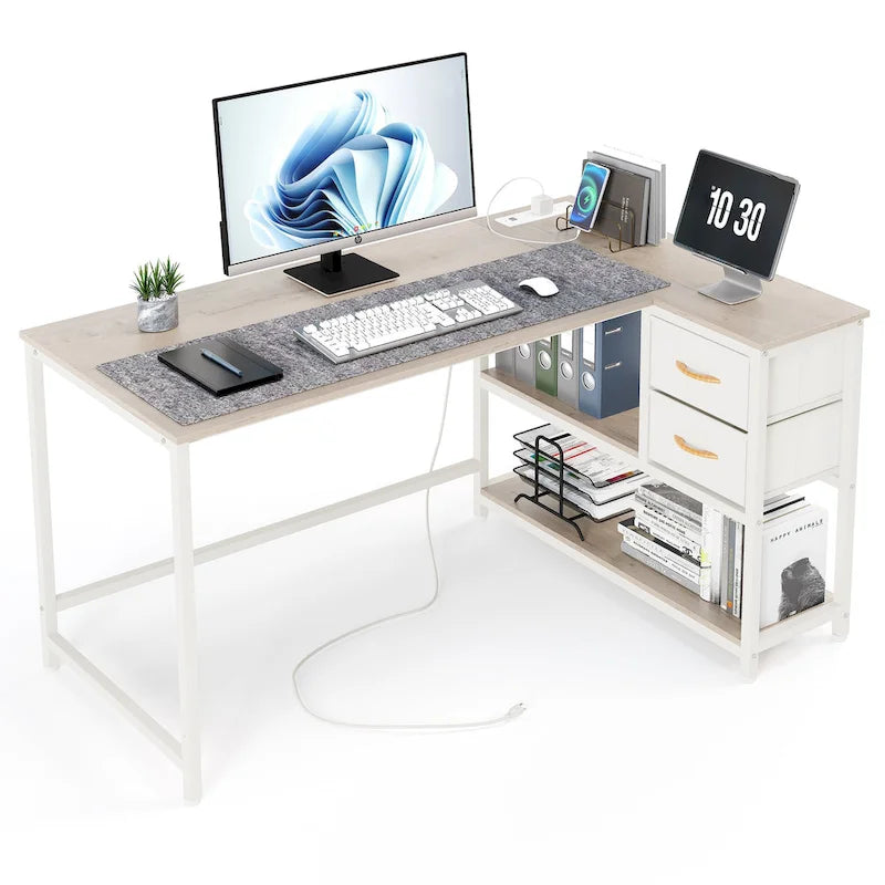 L Shaped Corner Desk with Shelves, Drawer & Charging Station