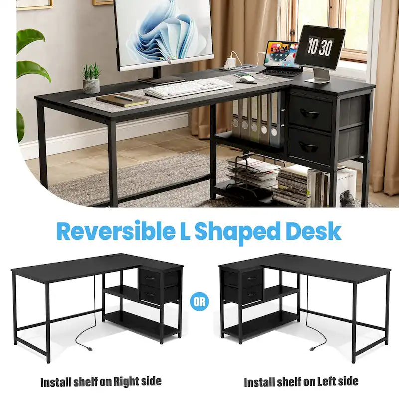 L Shaped Corner Desk with Shelves, Drawer & Charging Station
