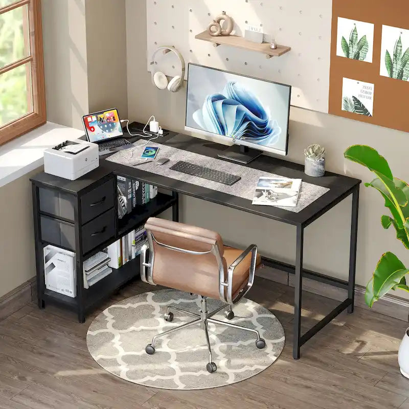 L Shaped Corner Desk with Shelves, Drawer & Charging Station