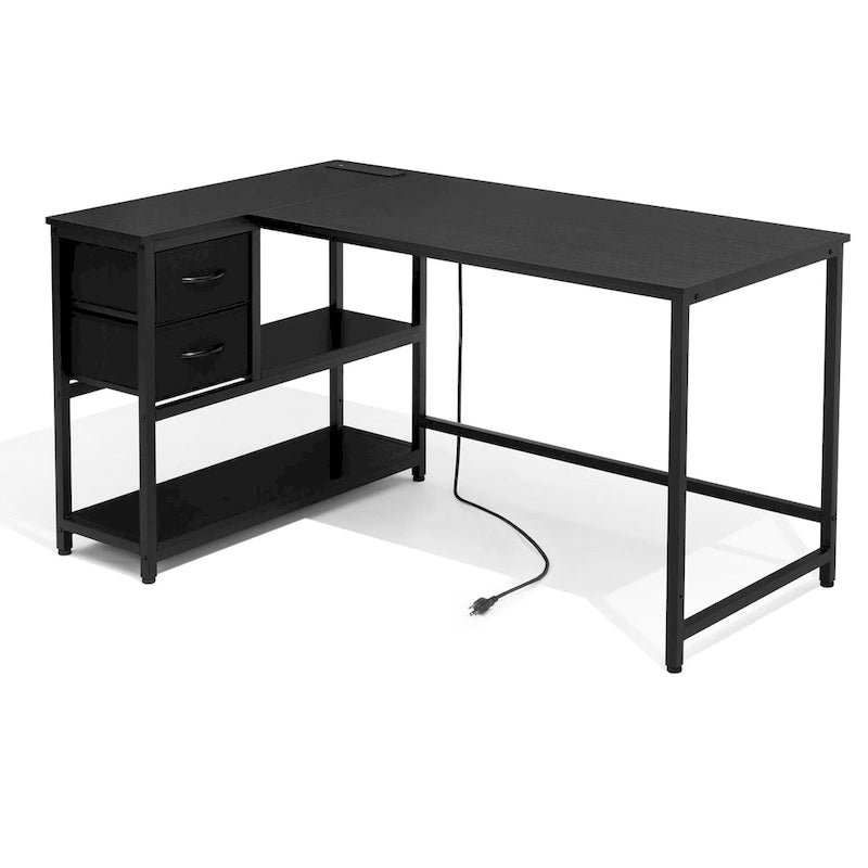 L Shaped Corner Desk with Shelves, Drawer & Charging Station