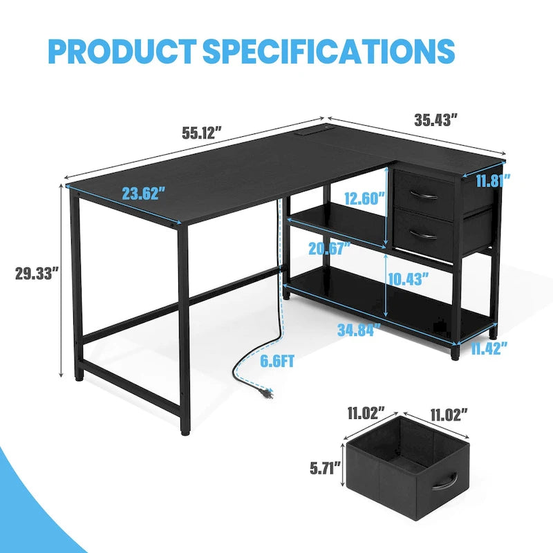 L Shaped Corner Desk with Shelves, Drawer & Charging Station