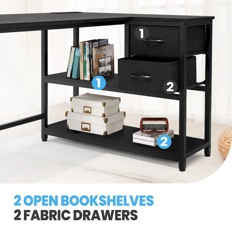 L Shaped Corner Desk with Shelves, Drawer & Charging Station