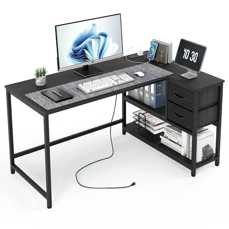 L Shaped Corner Desk with Shelves, Drawer & Charging Station