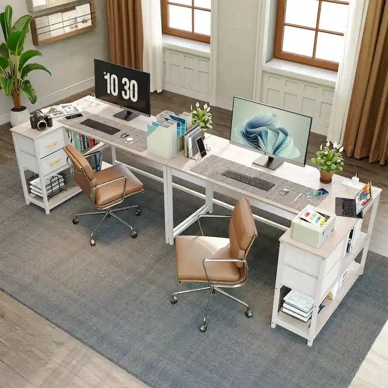L Shaped Corner Desk with Shelves, Drawer & Charging Station